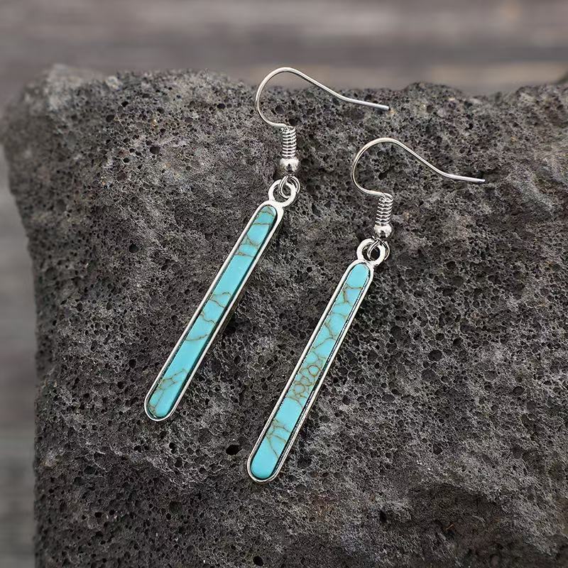 Elegant Antique Silver Plated Turquoise Geometry Pattern Drop Earrings