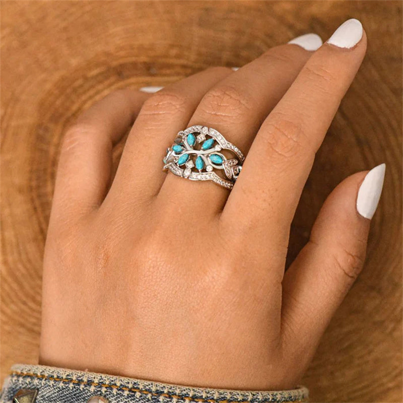 Anel vintage boho com flores e ramagens turquesa