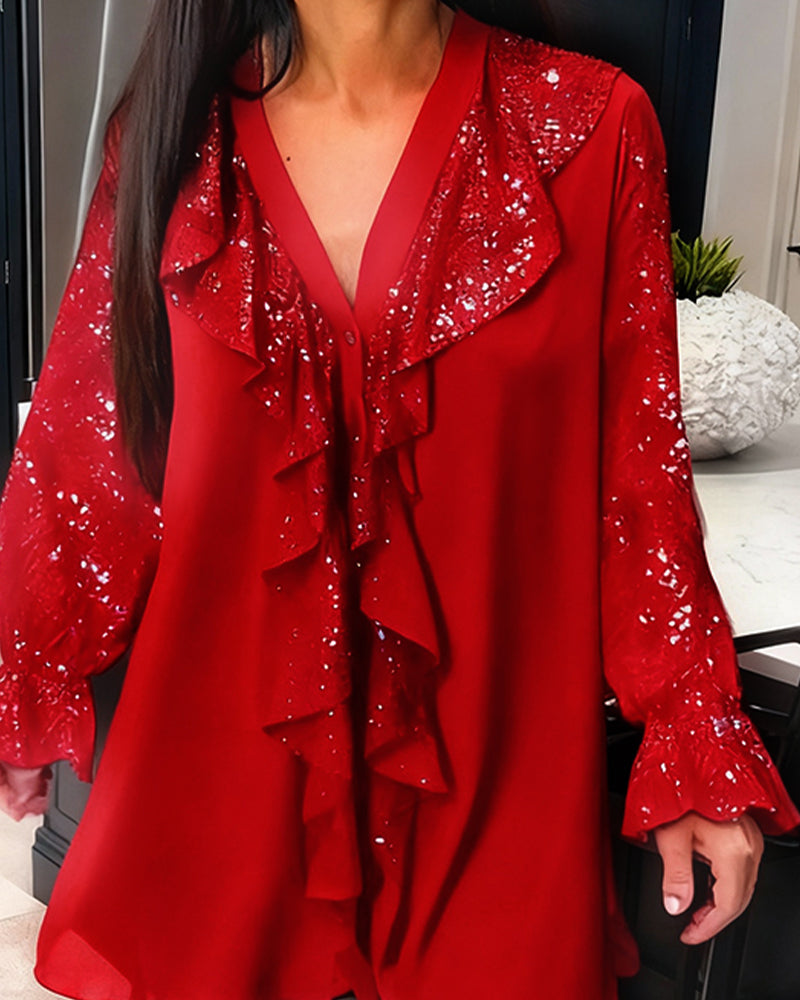 Blusas Sueltas de Color Sólido con Volantes
