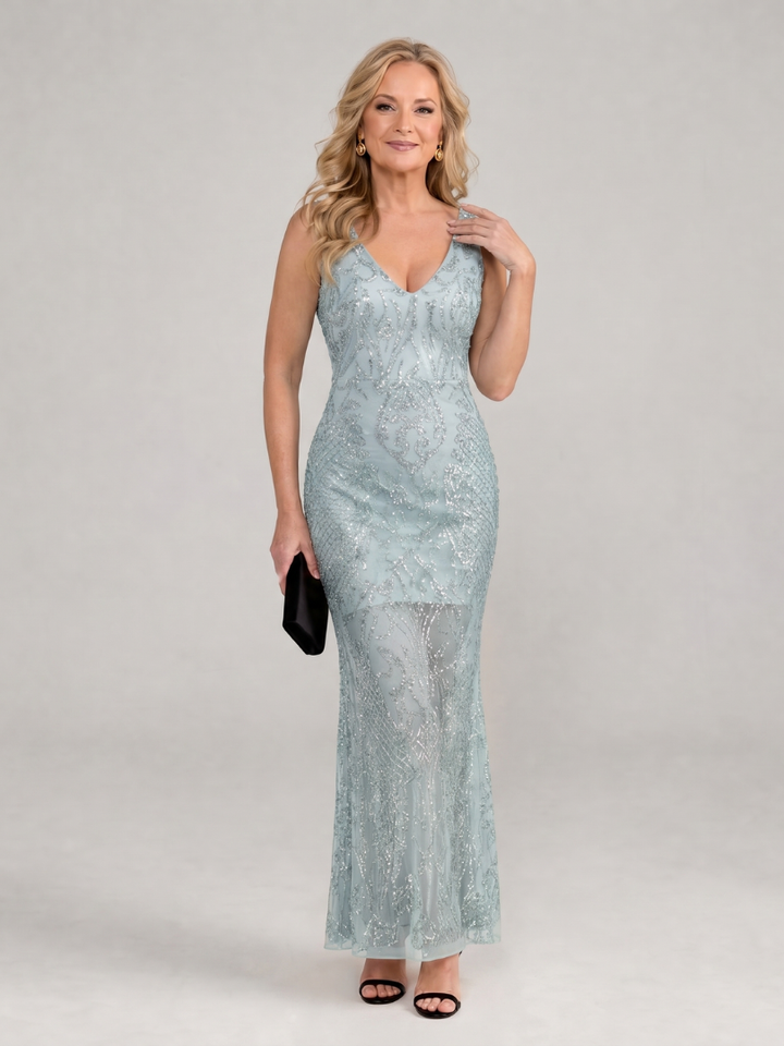 Sirea | Vestido midi sin mangas con panel transparente y lentejuelas