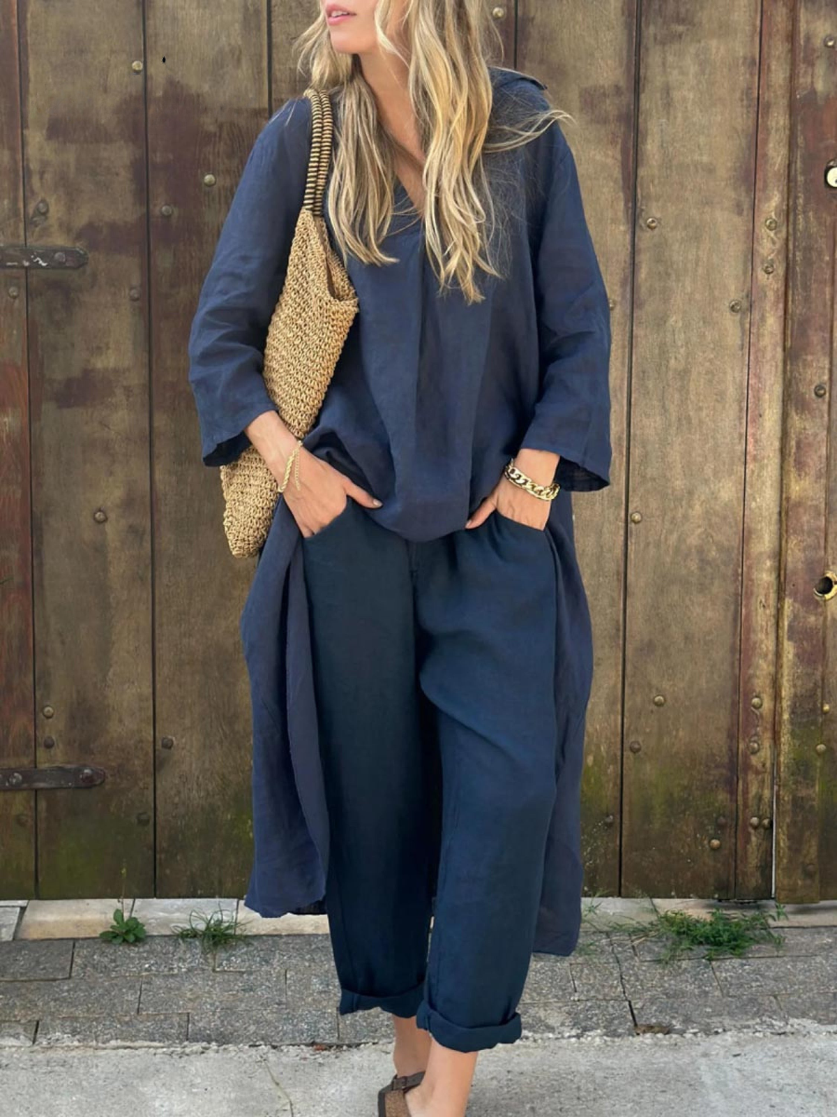 Conjunto de camisola com decote em V e calças de perna larga Lila