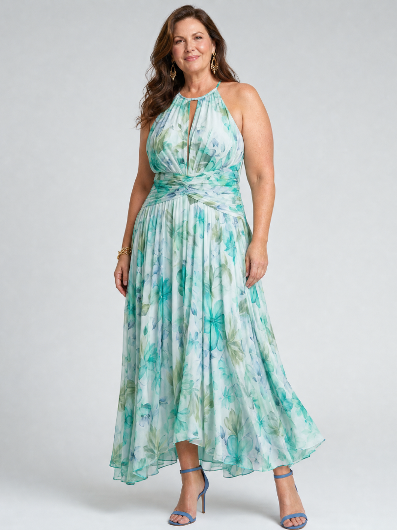 Portia | Vestido Midi Plissado Halter com Estampa Floral Suave