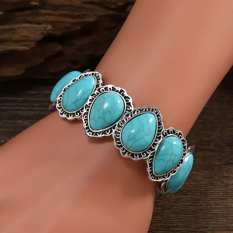 Vintage Turquoise Oval Silver Plated Statement Bracelet
