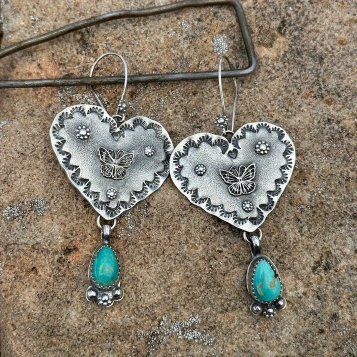 Handcrafted Silver Boho Turquoise Heart Butterfly Earrings