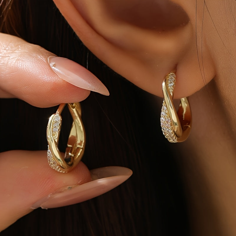 Twisted Gold Hoop Earrings with Pavé Crystal Accents