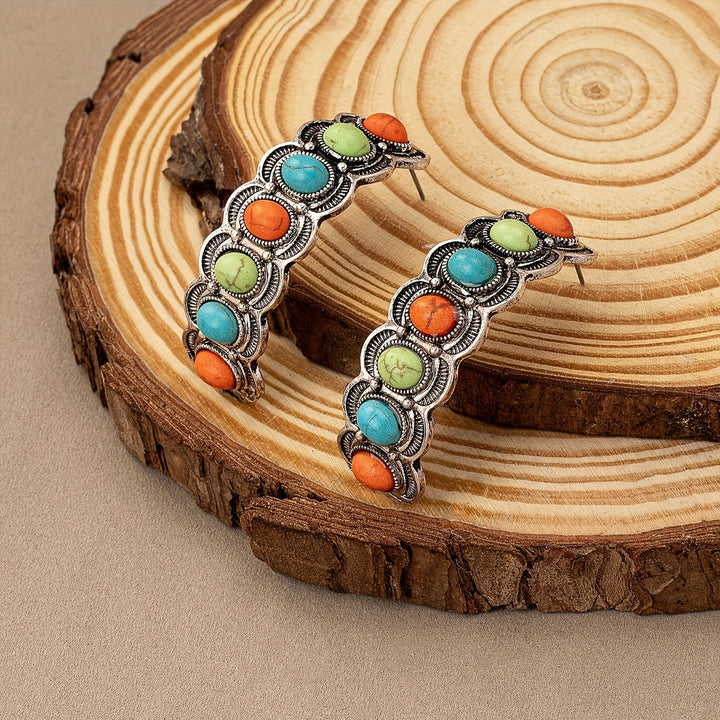 Southwestern Turquoise Silver Hoop Earrings