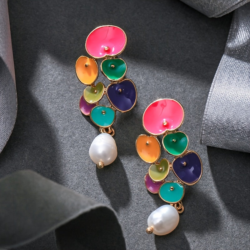 Green Enamel Floral Drop Earrings with Jade Teardrop
