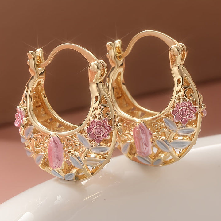 Vintage Boho Pink Floral Gold Plated Hoop Earrings
