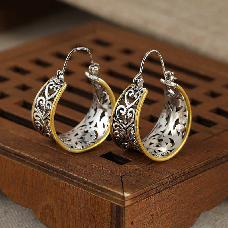 Vintage Two-Tone Hand Carved Bohemian Hoop Earrings