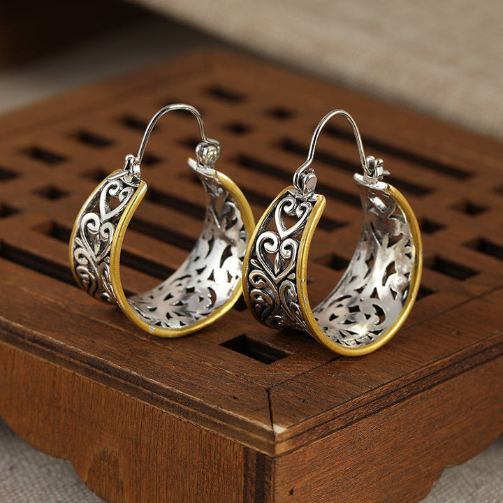 Vintage Two-Tone Hand Carved Bohemian Hoop Earrings