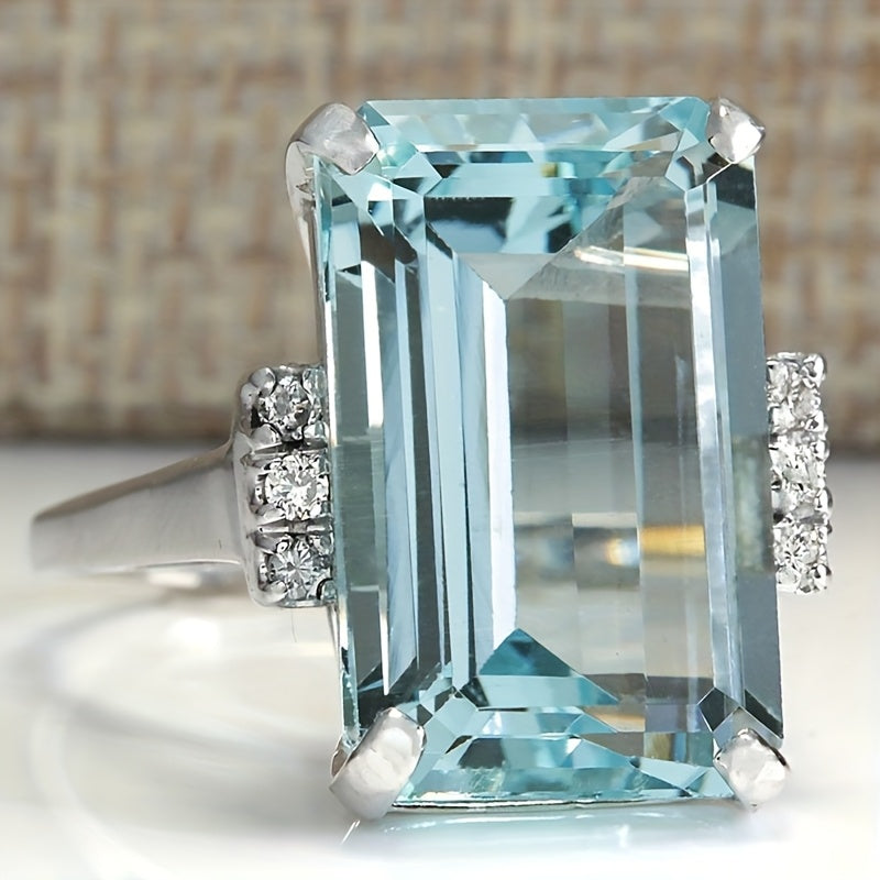 Anel elegante clássico com pedra preciosa azul-marinho quadrada, com 4 garras