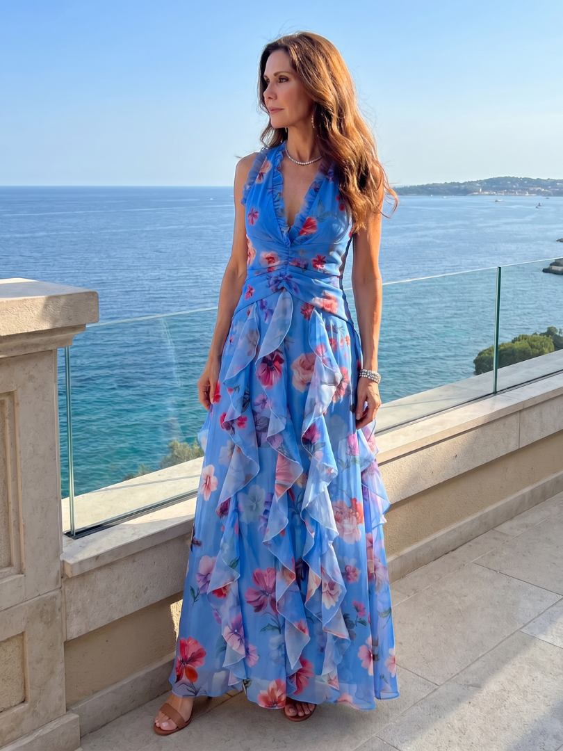 Nori | Vestido maxi con cuello halter, corpiño fruncido y estampado floral