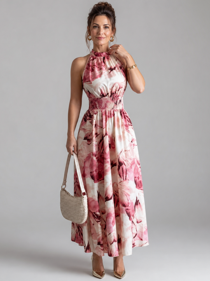 Olivia | Vestido Midi com Cintura Franzida e Estampa Abstrata