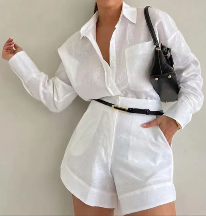 Conjunto de shorts de manga larga de algodón y lino Lila