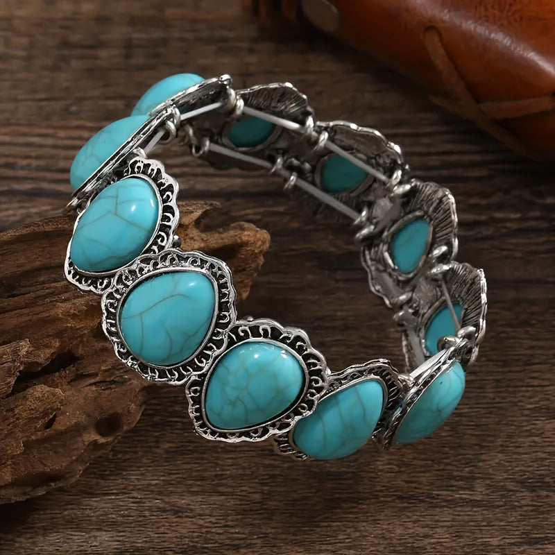 Vintage Turquoise Oval Silver Plated Statement Bracelet