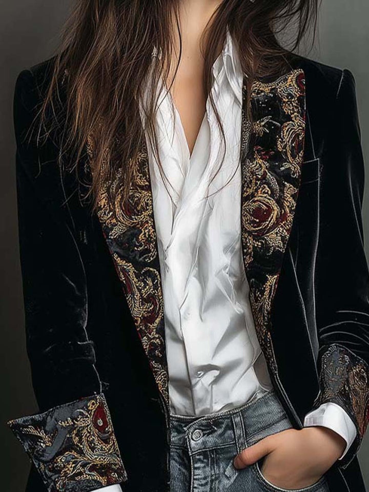 Alana - Women's Black Baroque Print Lapel Slim Fit Blazer