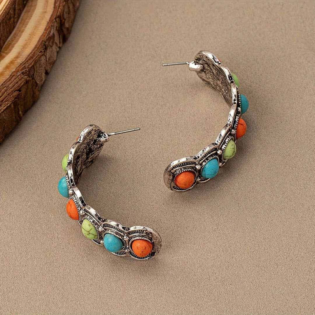 Southwestern Turquoise Silver Hoop Earrings