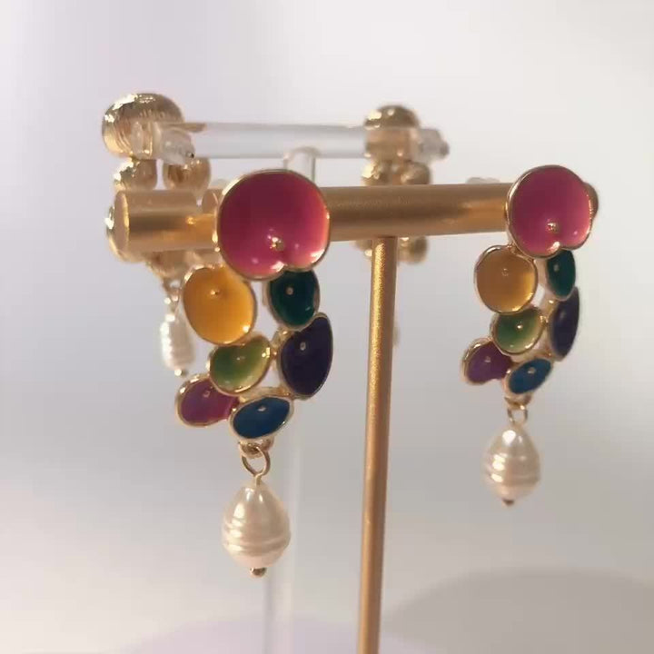 Green Enamel Floral Drop Earrings with Jade Teardrop