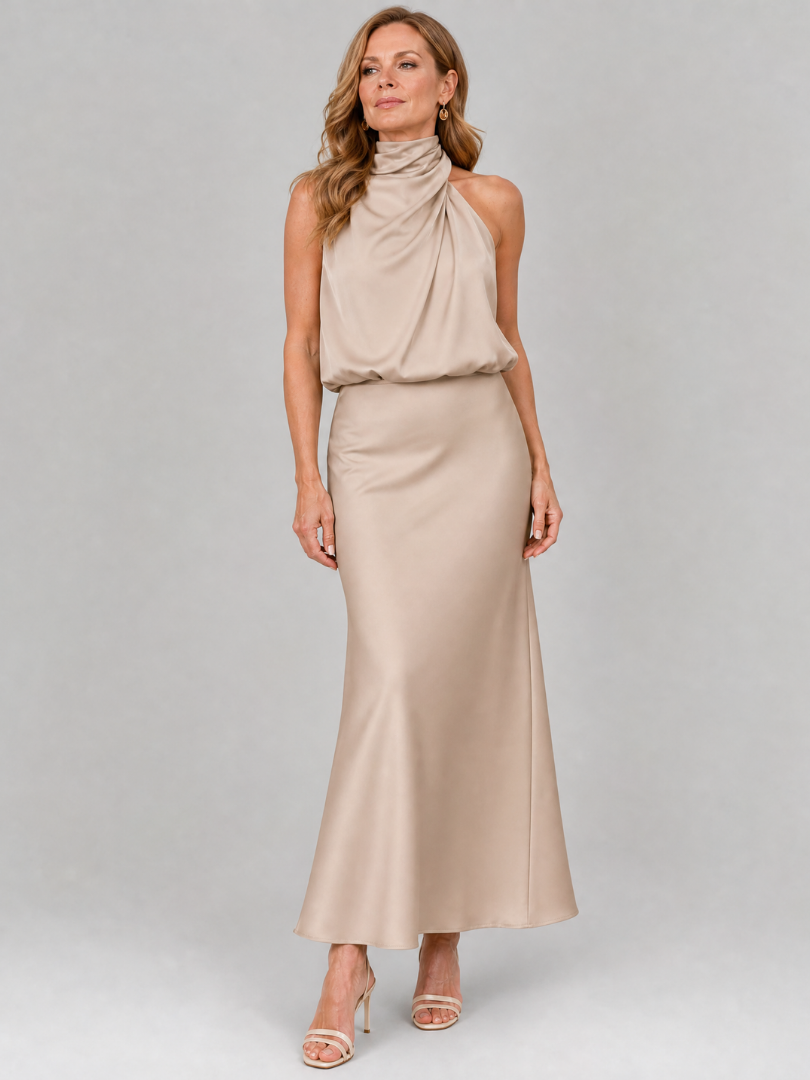 Nopal | Vestido midi sem mangas com decote drapeado
