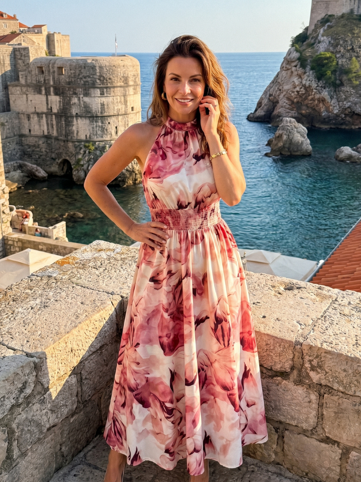 Olivia | Vestido Midi com Cintura Franzida e Estampa Abstrata