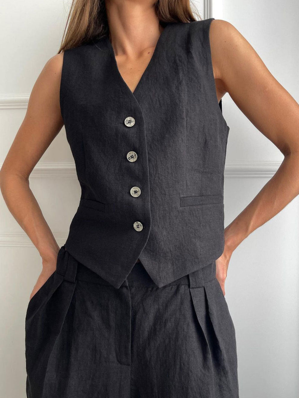Conjunto de calça pantalona plissada com decote em V Lila