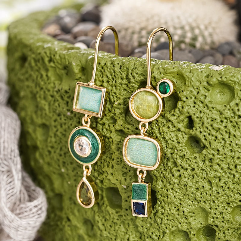 Vintage Geometric Green Stone Gold Drop Earrings