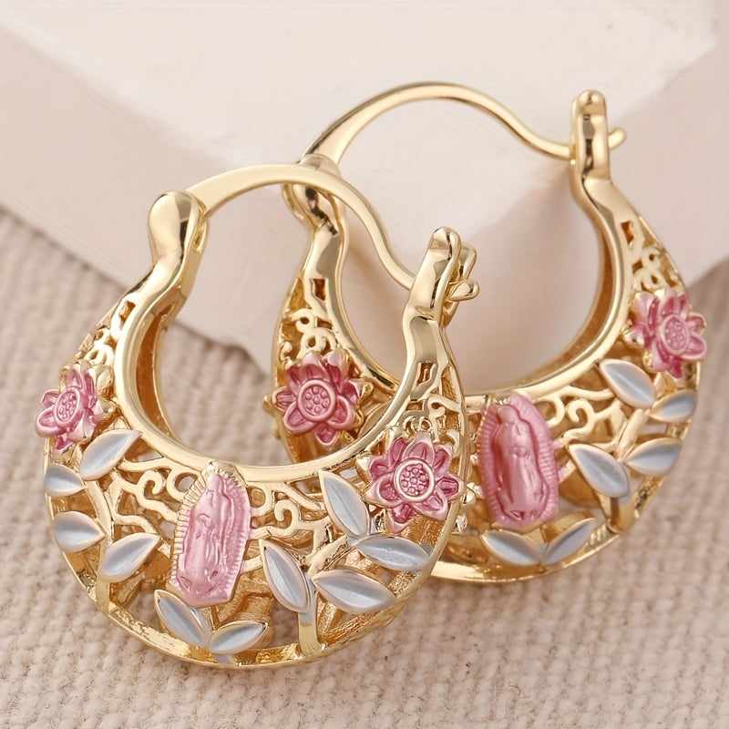 Vintage Boho Pink Floral Gold Plated Hoop Earrings
