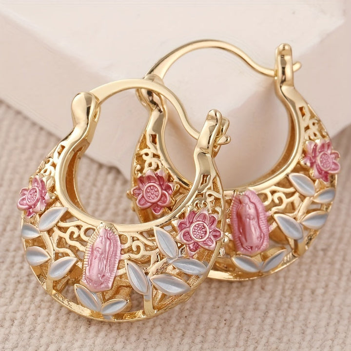 Vintage Boho Pink Floral Gold Plated Hoop Earrings