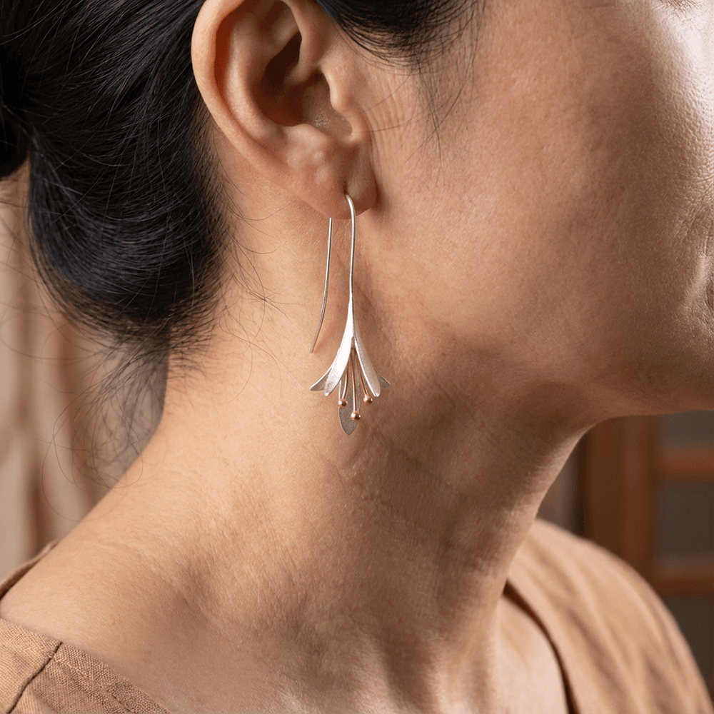 Modern Brushed Silver Petal Dangle Earrings