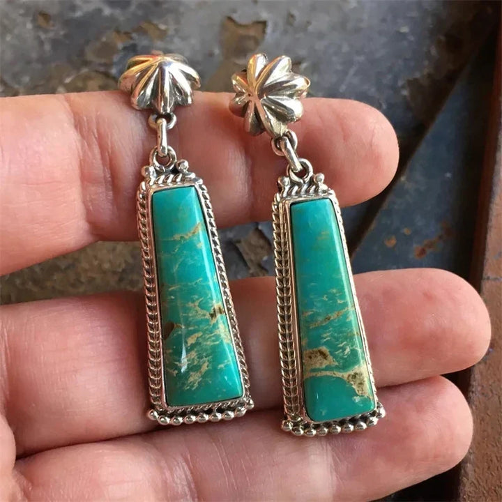 Silver Color Geometry Turquoise Rectangle Drop Earrings