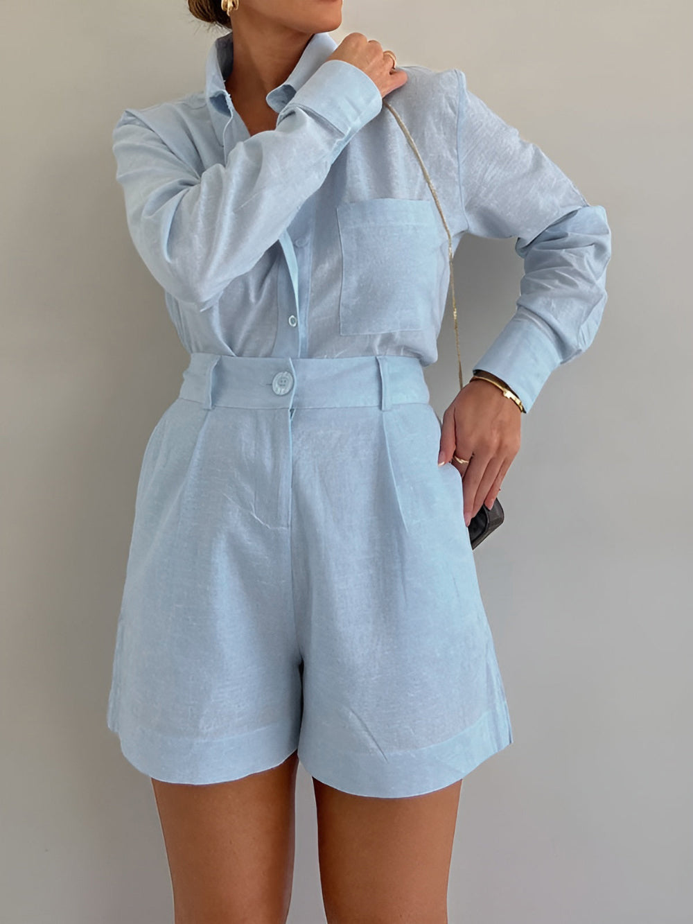 Conjunto de shorts de manga larga de algodón y lino Lila