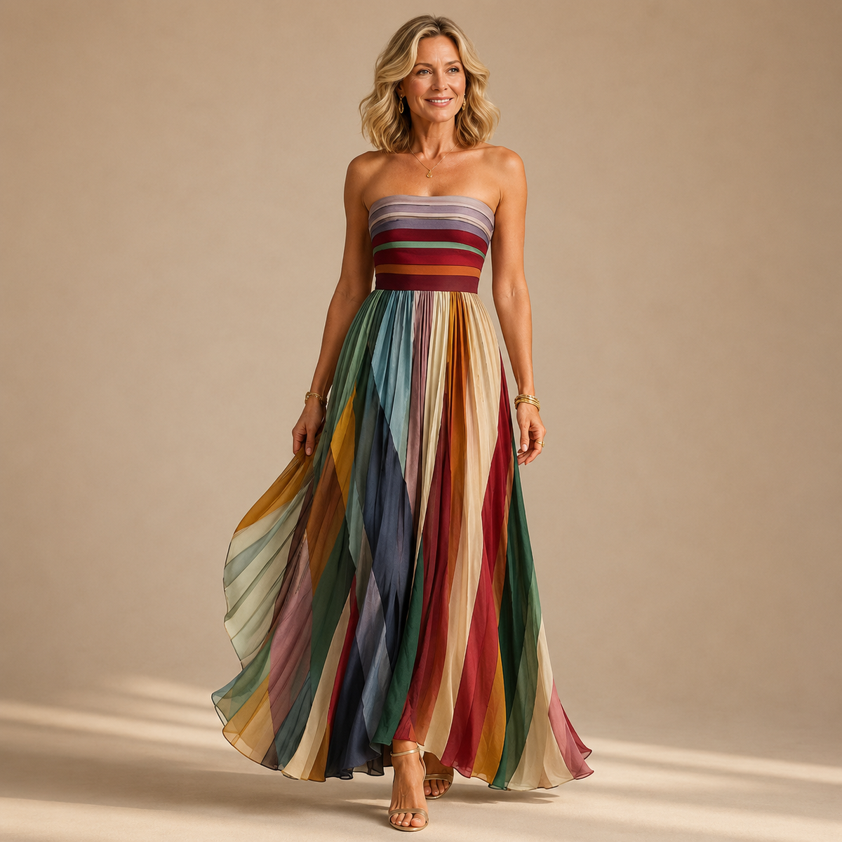 Judith | Vestido maxi de verão feminino cai-cai, colorido e plissado, sem alças