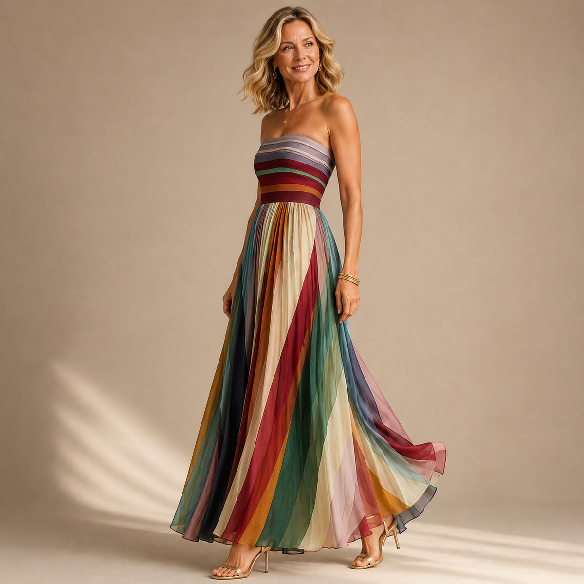 Judith | Vestido maxi de verão feminino cai-cai, colorido e plissado, sem alças