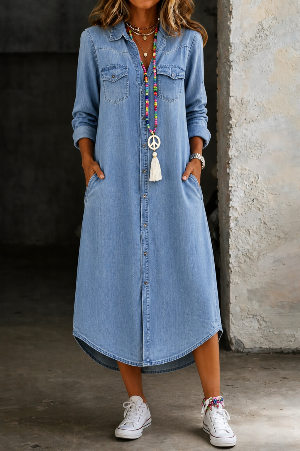 Helen | Vestido comprido de ganga, elegante e casual