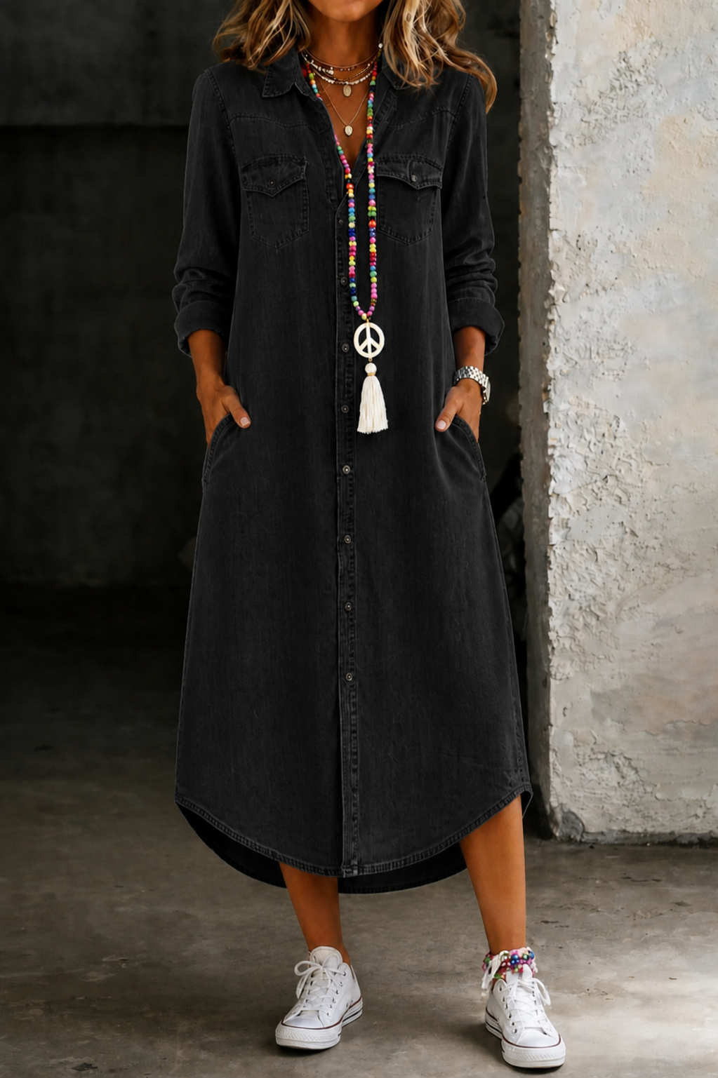 Helen | Vestido comprido de ganga, elegante e casual