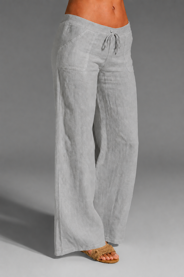 Relaxed Wide Leg Linen Trousers with Drawstring Waist
