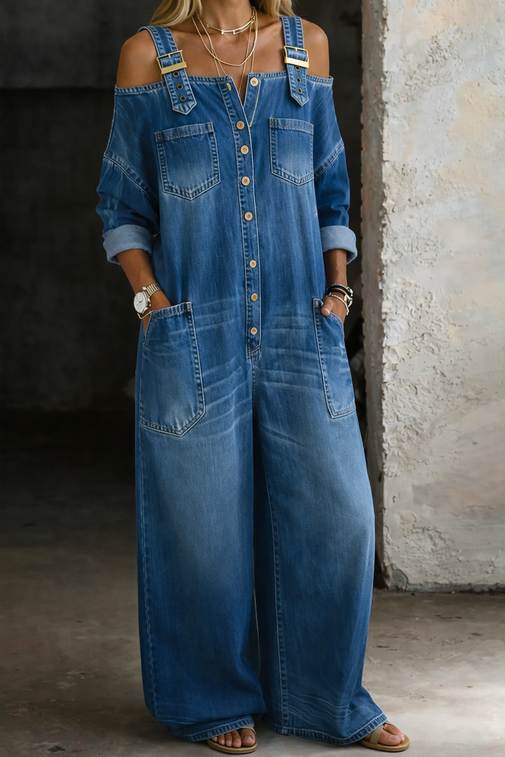 Sophia| Macacão jeans ombro a ombro