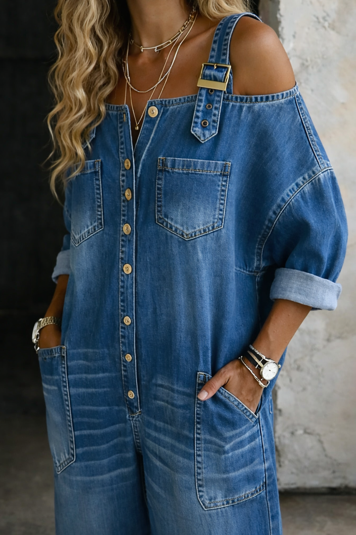 Sophia| Macacão jeans ombro a ombro