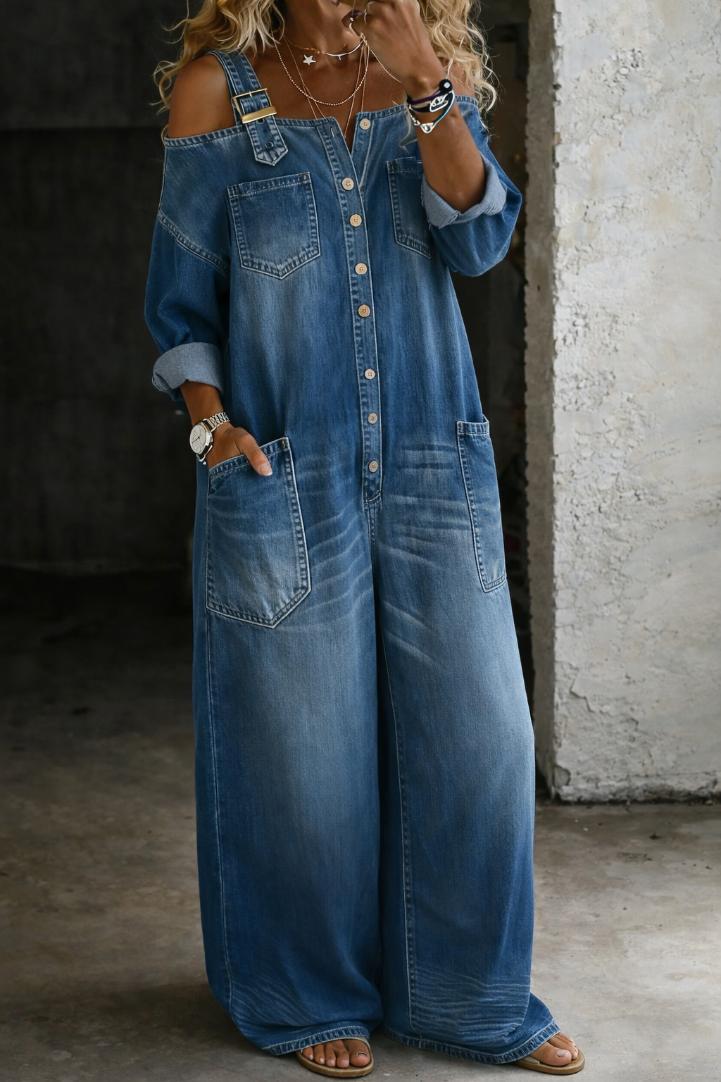 Sophia| Macacão jeans ombro a ombro