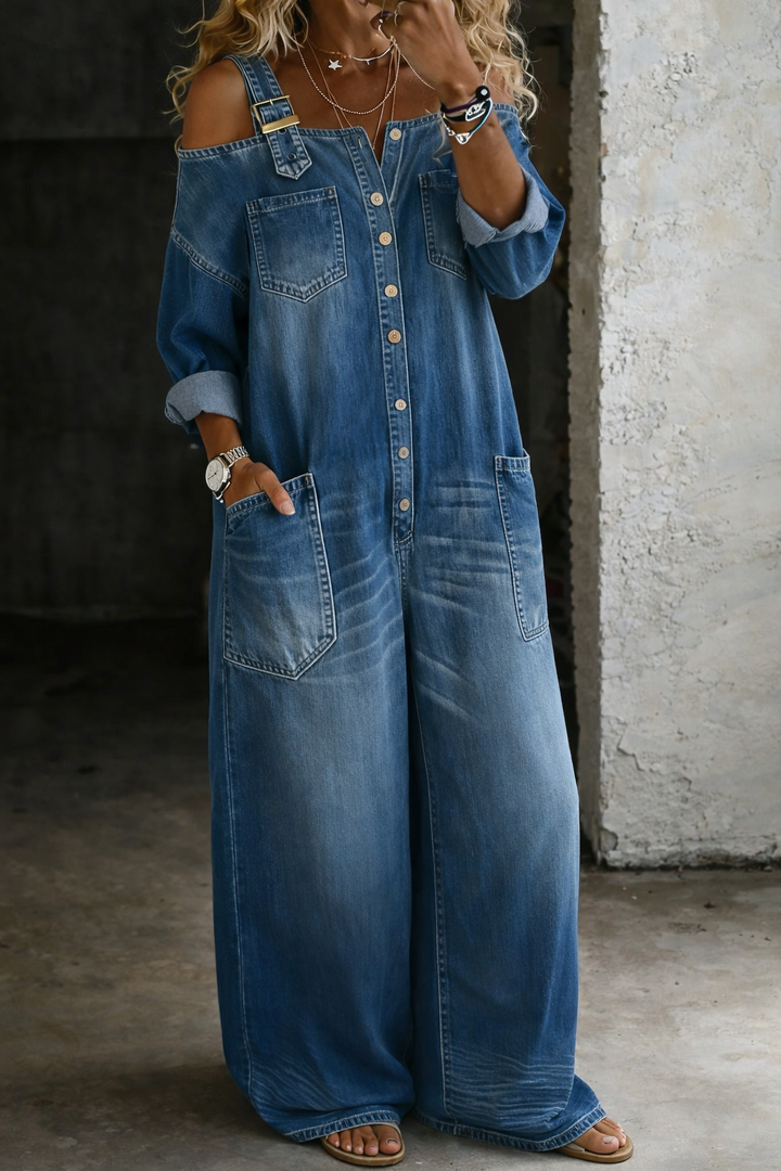 Sophia| Macacão jeans ombro a ombro