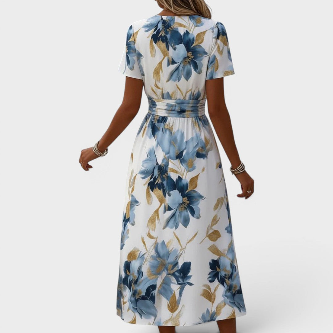 Elara | Vestido midi floral com amarração na cintura