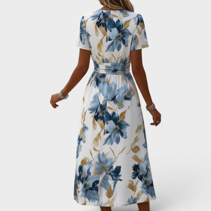 Elara | Vestido midi floral com amarração na cintura