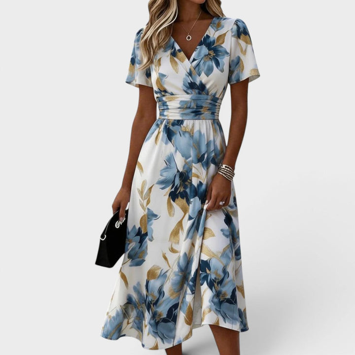 Elara | Vestido midi floral com amarração na cintura