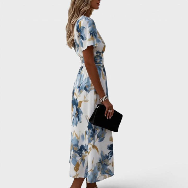 Elara | Vestido midi floral com amarração na cintura