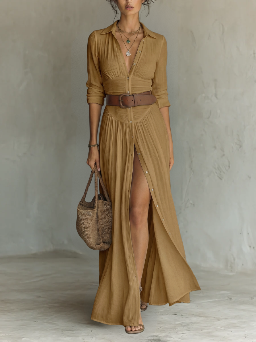 Long Maxi Linen Dress with Notched Collar and Long Sleeves