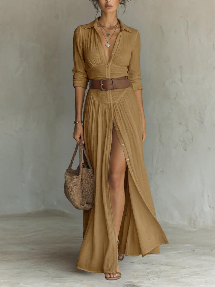 Long Maxi Linen Dress with Notched Collar and Long Sleeves