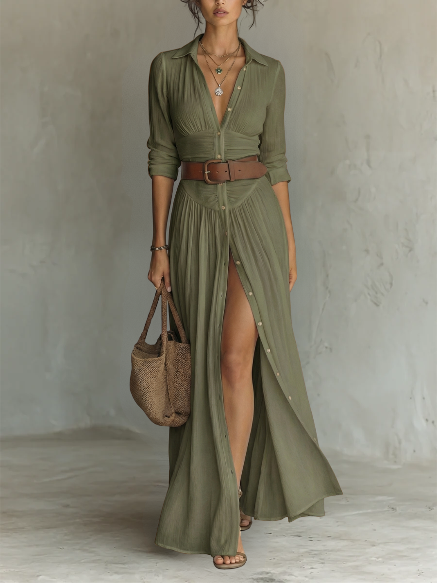 Long Maxi Linen Dress with Notched Collar and Long Sleeves