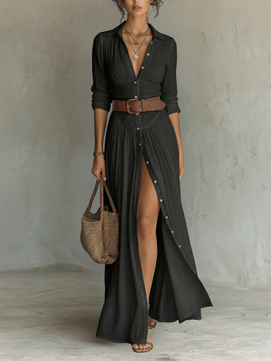 Vestido comprido de linho com gola entalhada e mangas compridas