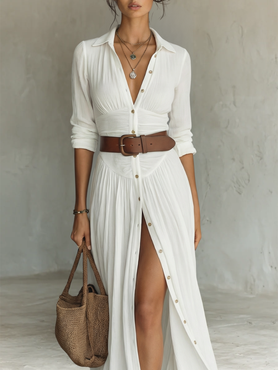 Long Maxi Linen Dress with Notched Collar and Long Sleeves