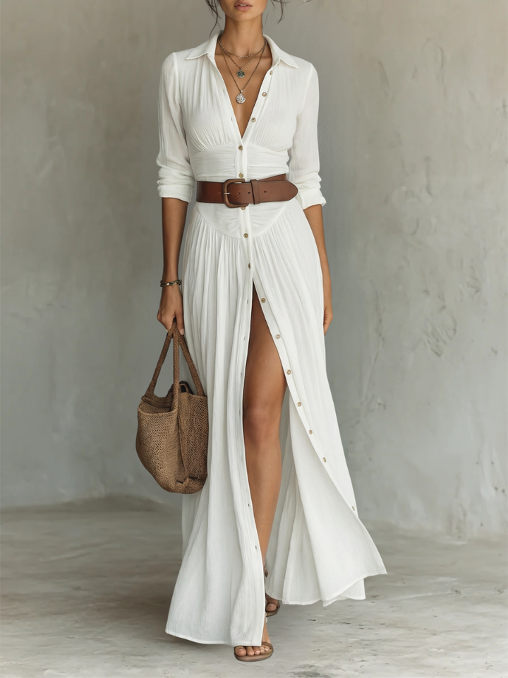 Long Maxi Linen Dress with Notched Collar and Long Sleeves
